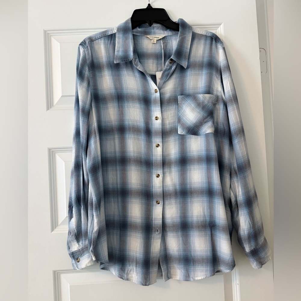 NWT, Lucky Brand Light Blue and White Checkered Shirt, Size L